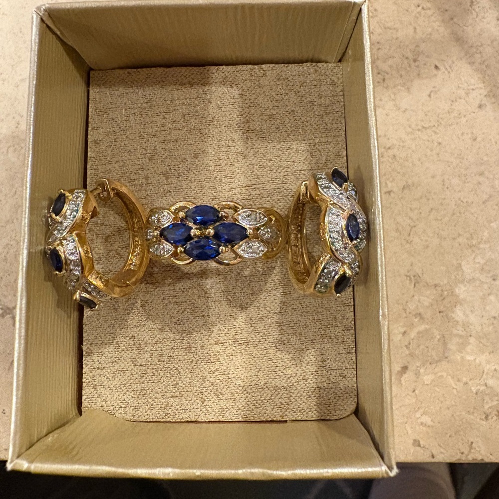 Sterling Silver & gold tone overlay blue stone pierced earrings and ring, sz10
